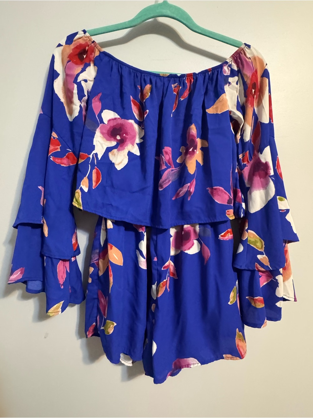 Pink Lily Floral‎ Royal Blue Off-Shoulder Vacation Romper Coastal Beach Small